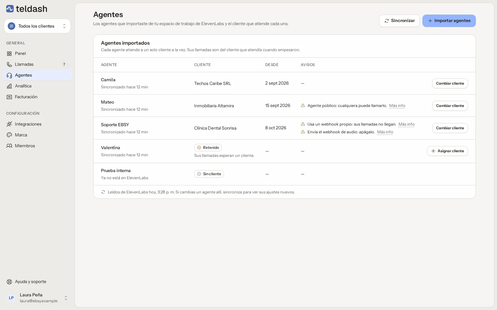 La página de agentes de Teldash con los agentes de voz importados
