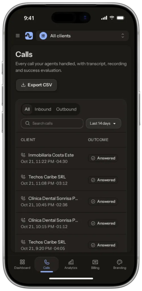 Teldash calls list in dark mode on an iPhone