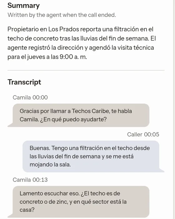 El resumen y la transcripción de una llamada en Teldash, en español